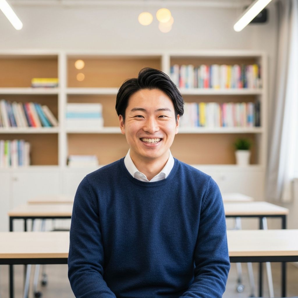 Alex - Personal English mentor smiling in a modern classroom
